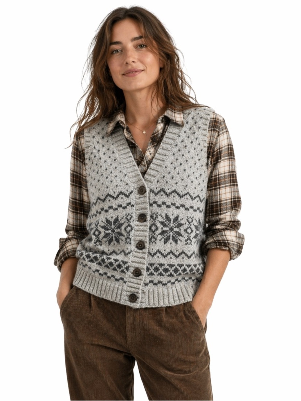 J. Jill Fair Isles Gray Sleeveless Button Front Cardigan Size Medium V-Neck